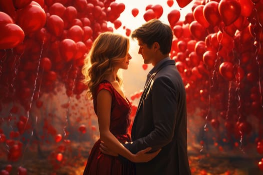 A loving couple, a man and a woman, embrace against a backdrop of bright red balloons, creating an intimate and tender scene