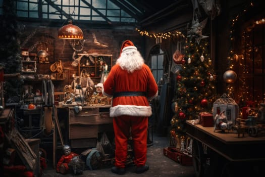 Santa Claus works diligently, creating and wrapping toys in his festive workshop for children's Christmas delight