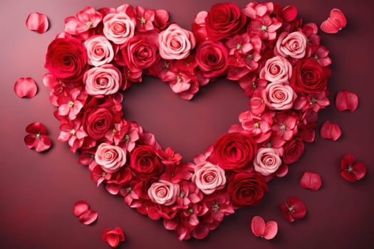 Rose flowers are artfully arranged in the shape of a heart, creating a romantic floral masterpiece. Valentine's Day background. Top view background.