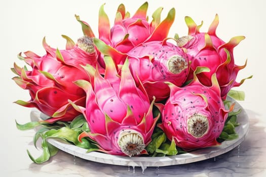 Watercolor dragonfruit isolated on white background. AI Generated