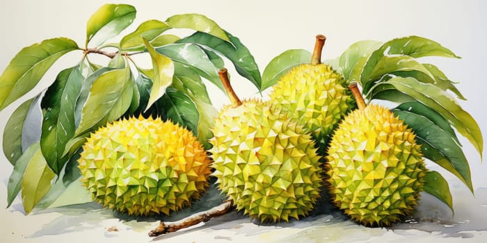 hand drawn watercolor durian fruit isolated on white background. AI Generated