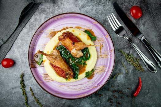 baked chicken wings with gravy, spinach and mashed potatoes