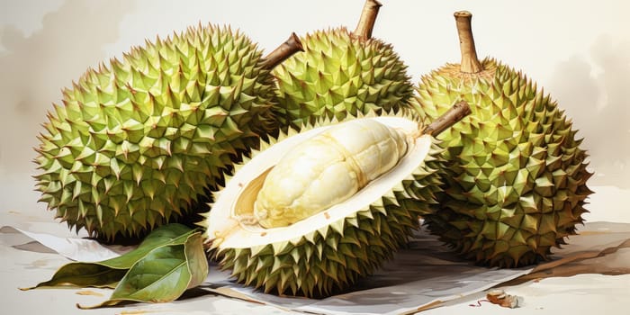 hand drawn watercolor durian fruit isolated on white background. AI Generated
