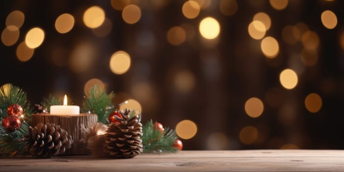 Merry Christmas and Happy New Year background with empty wooden table over Christmas tree and blurred light bokeh. Empty display for product placement. Rustic vintage Xmas 2024 background. comeliness