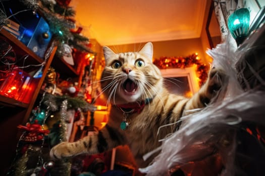 A mischievous cat left alone at home wreaks havoc in a room decorated for Christmas. A cat is having a merry Christmas