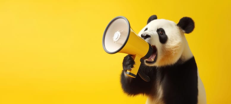 Panda with loudspeaker on yellow background.