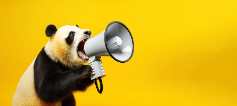 Panda with loudspeaker on yellow background.