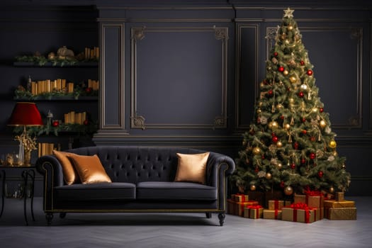 Christmas background with Christmas tree, gifts and sofa against a wall with empty space. Mock up. Christmas card