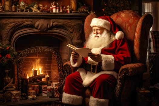 Good old Santa Claus reading children's letters while resting in an armchair in his house next to the fireplace and Christmas tree with gifts