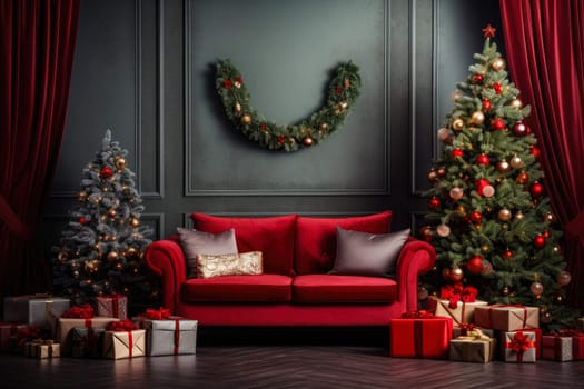 Christmas background with Christmas tree, gifts and sofa against a wall with empty space. Mock up. Christmas card