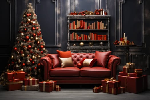 Christmas background with Christmas tree, gifts and fireplace against a wall . Mock up. Christmas card