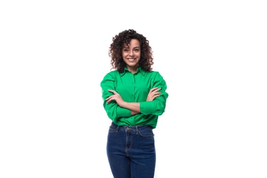 young confident brunette woman with stylish hair styling by curly method on white background with copy space.