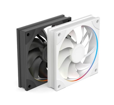 Black and white colored computer case fans with RGB LED lighting on a white background