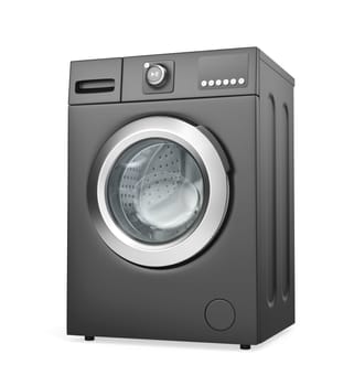 Black front load washing machine on white background