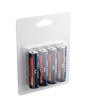 Blister pack of four AA size batteries, isolated on white background