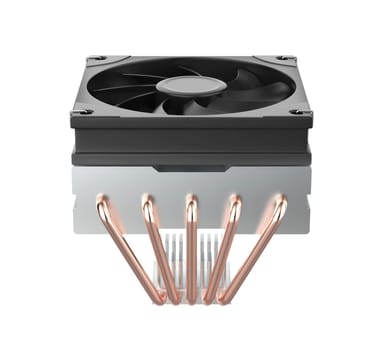 Low-profile computer processor cooler with five copper heat pipes on a white background