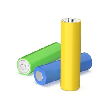 Three AA size batteries with different colors on white background