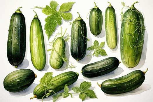 watercolor zucchinis isolated on white background, AI Generated