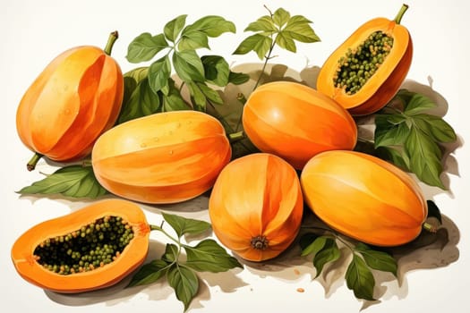 hand drawn watercolor papaya fruit isolated on white background. AI Generated