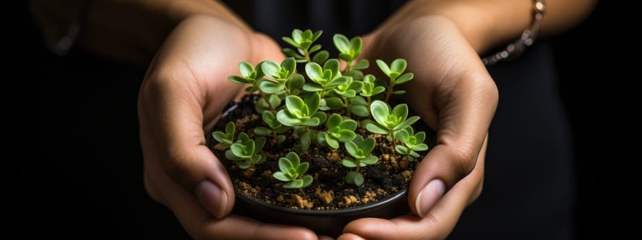 Closeup hands holding young plant, earth day and save environment concept. Generative AI.