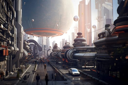 Abstract futuristic city streets with pedestrians, concept of progress of urban traffic in the future world