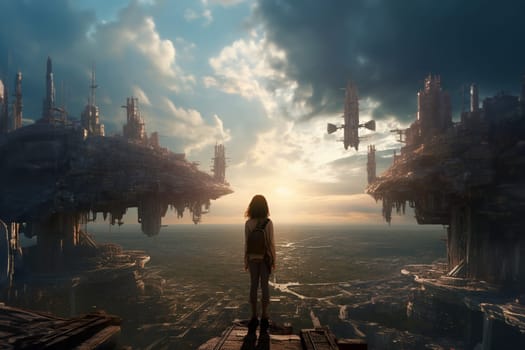 A girl stands and looks at the huge futuristic city with a lot of high-tech traffic and levitating buildings