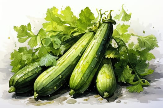 watercolor zucchinis isolated on white background, AI Generated