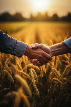 Two farmers standing in wheat field and shaking hands during sunset. AI generative.