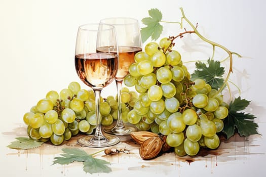 Set of white watercolor grapes and wine isolated on white background . AI Generated