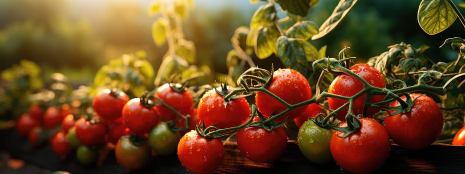 Red ripe tomatoes hanging on a branch in organic farm. Generative AI.