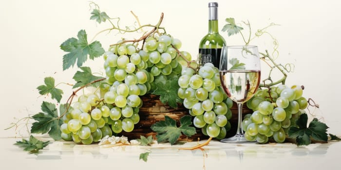 Set of white watercolor grapes and wine isolated on white background . AI Generated