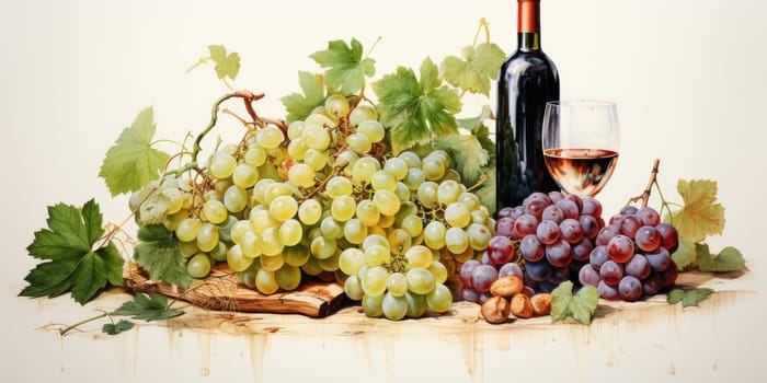 Set of white watercolor grapes and wine isolated on white background . AI Generated