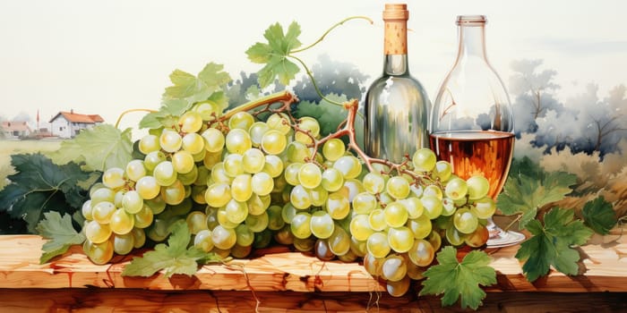 Set of white watercolor grapes and wine isolated on white background . AI Generated