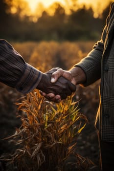 Two farmers standing in wheat field and shaking hands during sunset. AI generative.