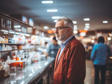 Elderly man looking for medicine in a pharmacy.