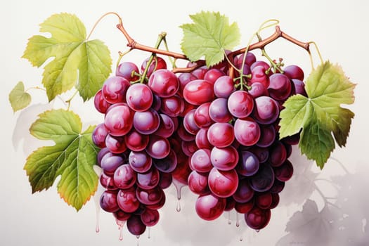 Watercolor grapes branches isolated on white. AI Generated