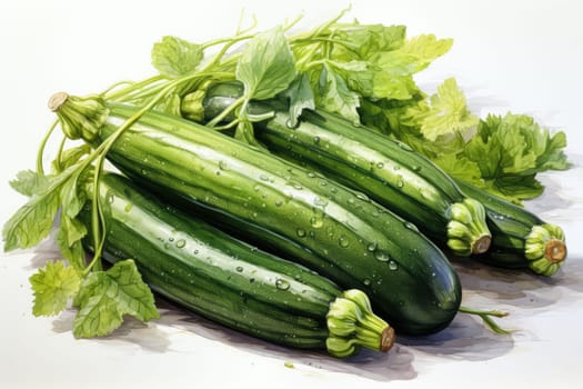 Set of watercolor zucchinis on white background. AI Generated