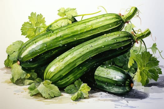 Set of watercolor zucchinis on white background. AI Generated