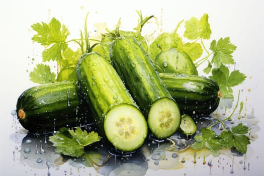 Set of watercolor zucchinis on white background. AI Generated