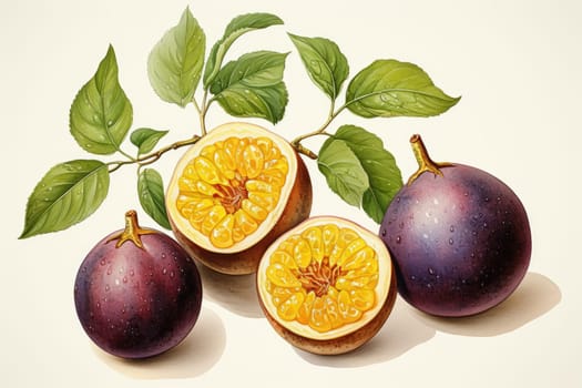 hand drawn watercolor passion fruit isolated on white background. AI Generated