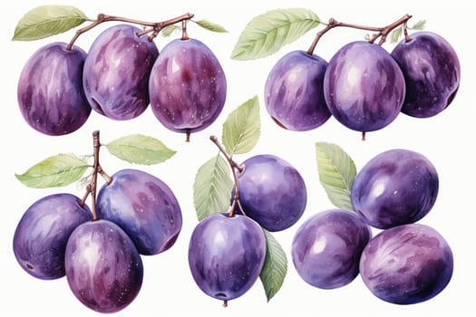hand drawn watercolor plum fruit isolated on white background. AI Generated