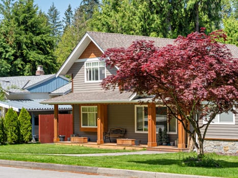 A perfect neighborhood. Nice residential house with green lawn in front