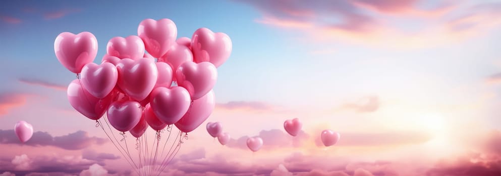 Pink balloons heart shape against colorful blue sunset sky and pink pastel sky in a sunny bright morning. Romantic postcard background on Valentine's Day. Travel and recreation theme Copy space Space for text
