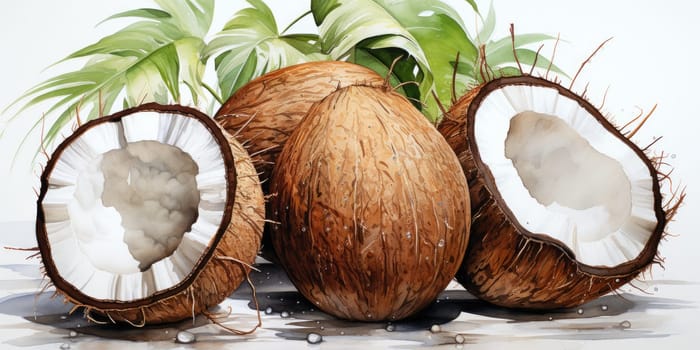 Watercolor coconut isolated on white background. AI Generated