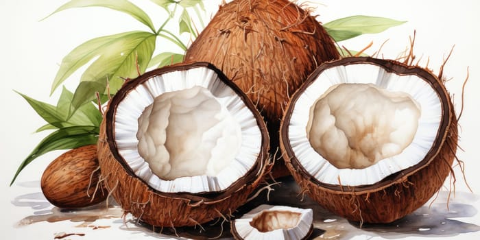 Watercolor coconut isolated on white background. AI Generated