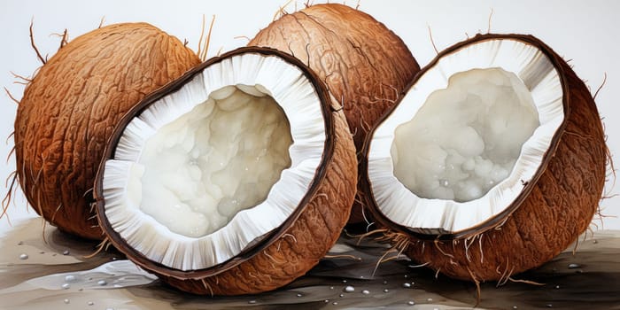 Watercolor coconut isolated on white background. AI Generated