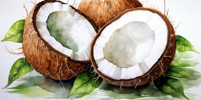 Watercolor coconut isolated on white background. AI Generated