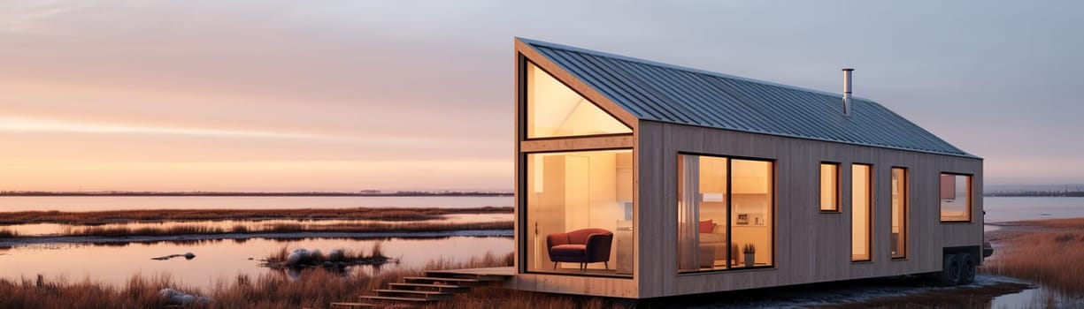 Captivating minimalist tiny house at sunset with a panoramic view of a serene wetland, reflecting the beauty of sustainable living in nature. Banner. Generative AI