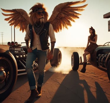 anthropomorhic lion characters gang in steampunk hot rods and tuned bikes burning rubber, wearing jeans and leather, gas station , desert road, comics illustration, mad max ai generated