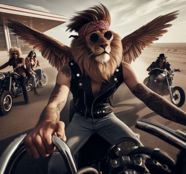 anthropomorhic lion characters gang in steampunk hot rods and tuned bikes burning rubber, wearing jeans and leather, gas station , desert road, comics illustration, mad max ai generated